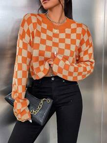 SHEIN Unity 女式休闲格纹宽松落肩毛衣，秋冬 - 彩色 - 查看 1