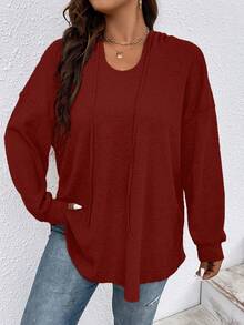 SHEIN LUNE Áo nỉ cổ rộng màu trơn dáng rộng - Màu Đỏ Sâu - Xem 6