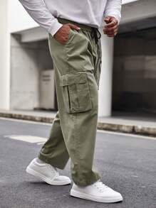 Manfinity Homme Men Plus Flap Pocket Side Drawstring Waist Cargo Pants - Army Green - View 6
