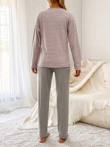 EURMUSE Women's Cartoon Pattern Striped T-Shirt + Solid Colored Pants Homewear Set - Grey - View 2