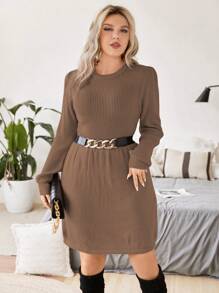 Celure Plus Solid Ribbed Knit Sweater Dress Without Belt