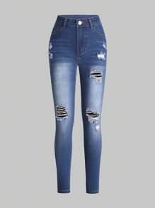 SHEIN Explorewe 少女新款破洞牛仔褲 - 深色水洗藍 - 查看 1