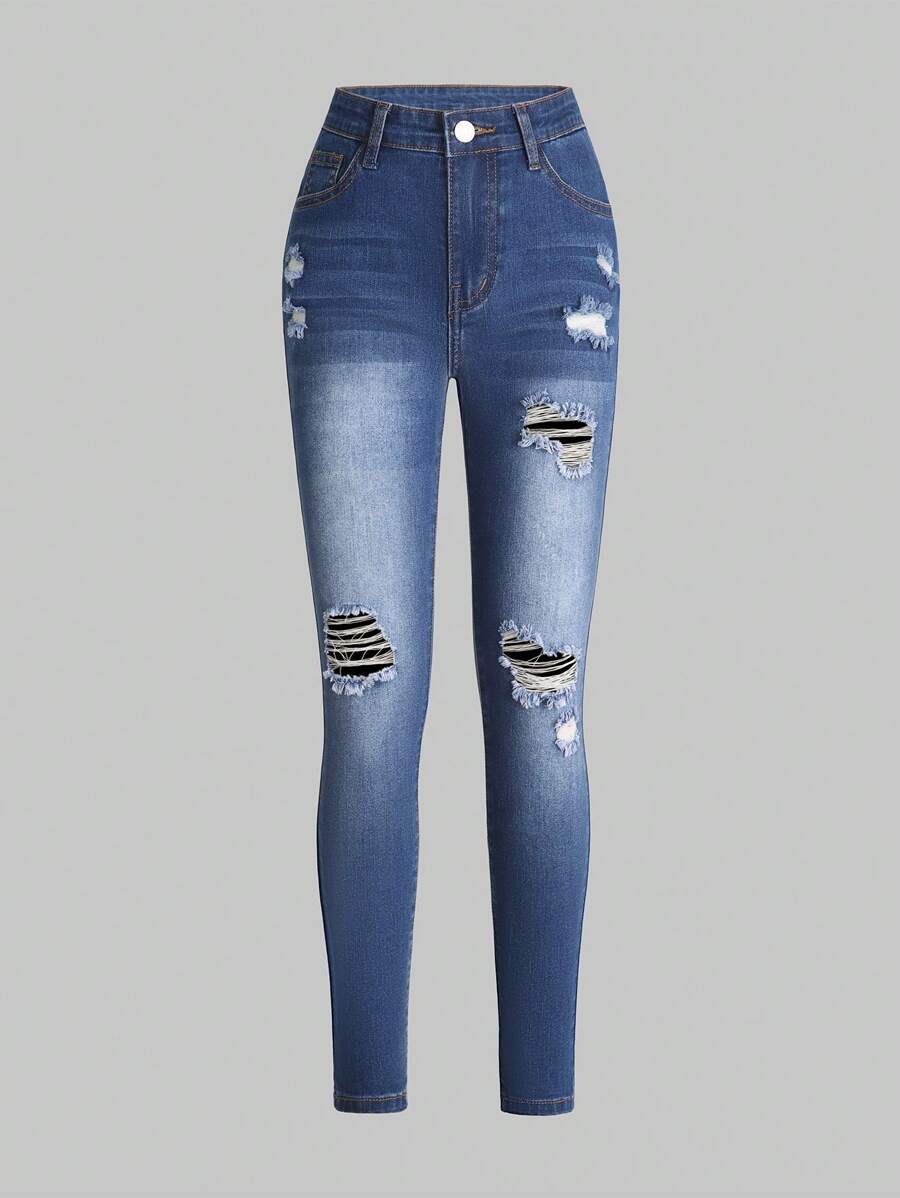 SHEIN Explorewe 少女新款破洞牛仔褲 - 深色水洗藍 - 查看 1