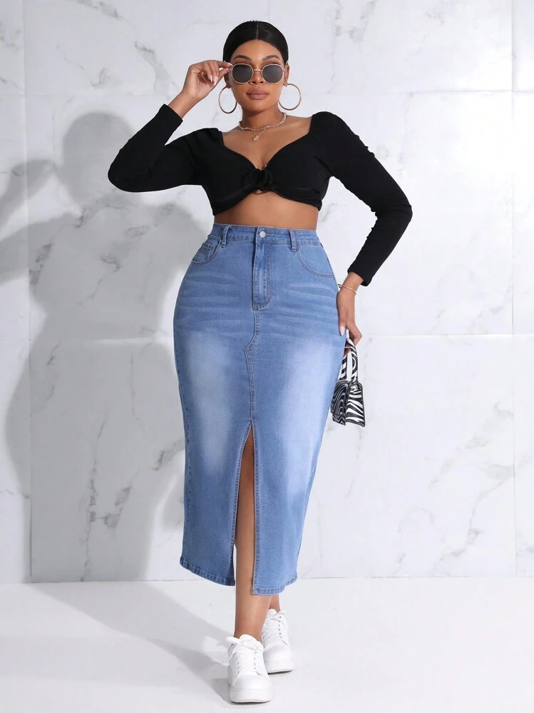 SHEIN SXY Plus Size Slit Denim Skirt | SHEIN USA