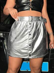 Flirla 大碼前紐扣腰帶金屬質感半身裙 - 銀色 - 查看 4