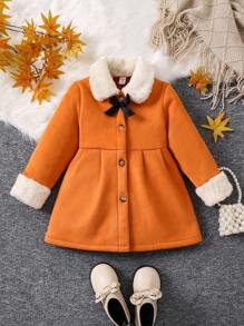 SHEIN 小女童抽鬚邊夾克帶蝴蝶結裝飾用品 - 橘色 - 查看 3