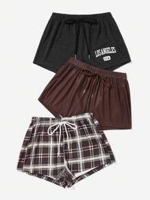 SHEIN 3pcs Plaid & Letter Graphic Knot Waist Lounge Shorts - Multicolor - View 3