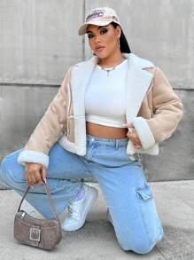 Flirla Plus Teddy Lined Zip Up Moto Jacket, For Winter - Multicolor - View 6