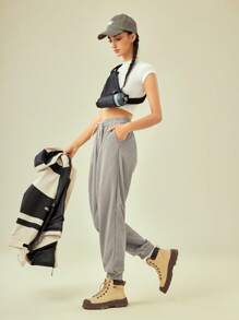 In My Nature 字母圖案腰部抽繩戶外衛褲 - 淺灰色 - 查看 5