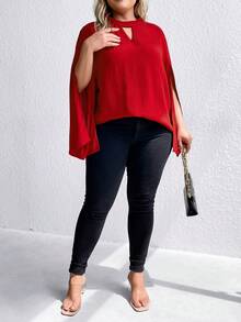 SHEIN Clasi Hơn Đường viền lỗ khóa Tách tay áo Áo sơ mi - Đỏ - Xem 3