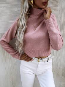 SHEIN LUNE High Neck Solid Sweater - Pink - View 5