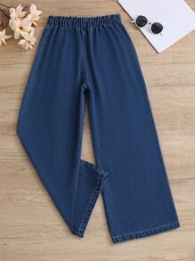 SHEIN 少女休闲波西米亚风假日平底阔腿牛仔裤，腰部平坦，口袋设计，适合日常夏季穿着 - 深色水洗藍 - 查看 2