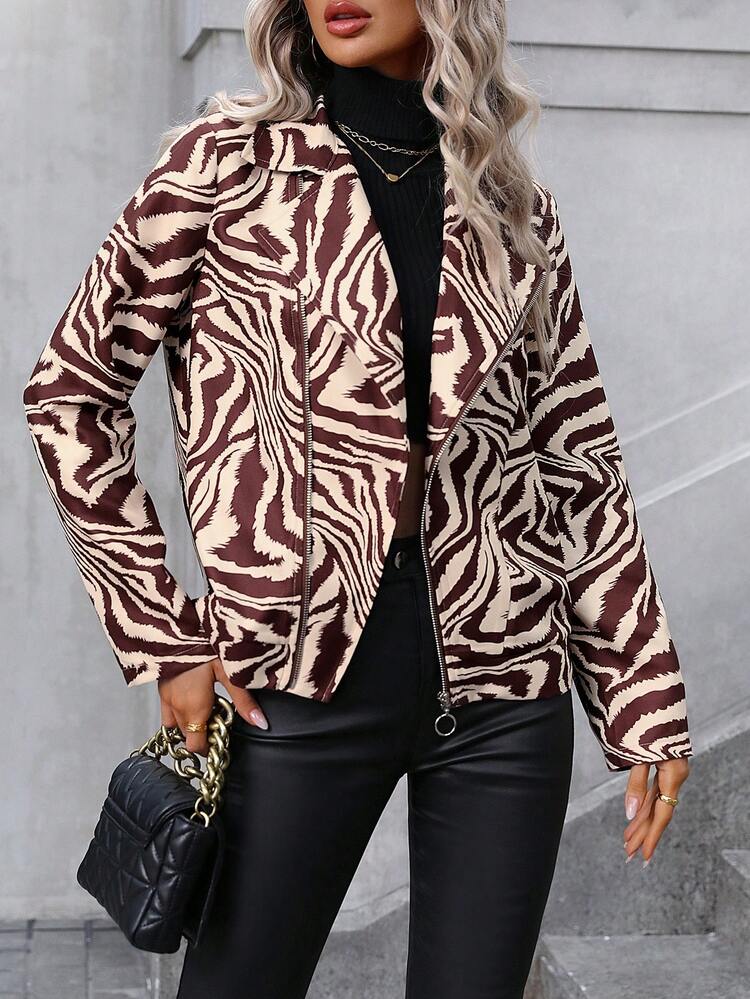 Zebra Striped Print Zip Up Jacket Fall Cloth For Women