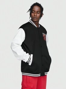 ROMWE MEN Goth 男士字母&蜘蛛印花雙色條紋飾邊學院風夾克 - 黑色 - 查看 4