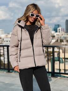 EURMUSE Women'S Drawstring Hooded Padded Jacket - Grey - View 6