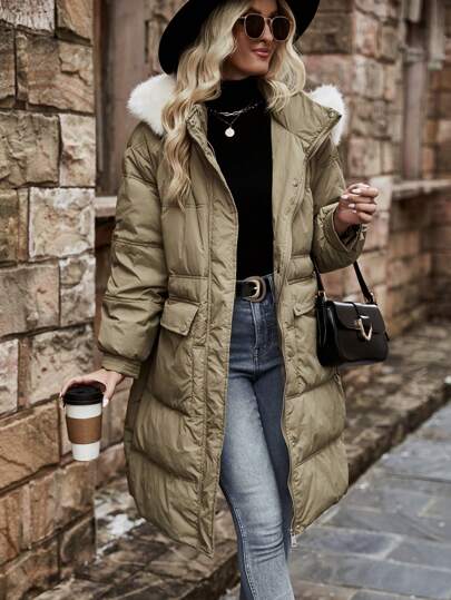 SHEIN LUNE Doudoune Poche À Rabat À Ourlet Duveteux À Capuche