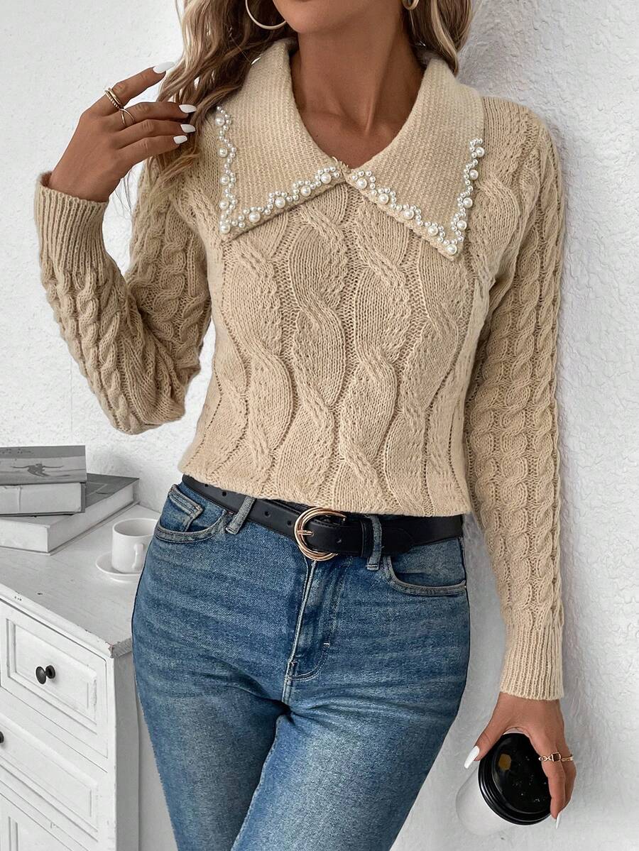 SHEIN Essnce Pearls Beaded Collar Cable Knit Sweater - Camel - View 1