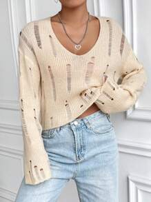 Flirla Solid Ripped Drop Shoulder Knit Pullover Fall Winter Sweater - Apricot - View 3