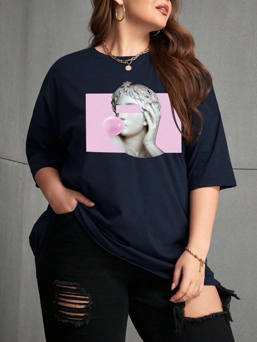 SHEIN EZwear Plus Sculpture Print Drop Shoulder Tee - Navy Blue - View 1