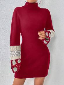 SHEIN Essnce Mẫu Geo Áo cao cổ tay áo lá sen Đầm Áo len - Màu Đỏ Sâu - Xem 3