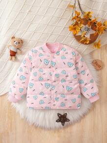 Baby Girl Cartoon Graphic Button Front Bomber Padded Coat - Multicolor - View 1