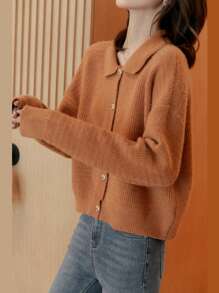 Solid Drop Shoulder Button Through Cardigan - Orange - View 1