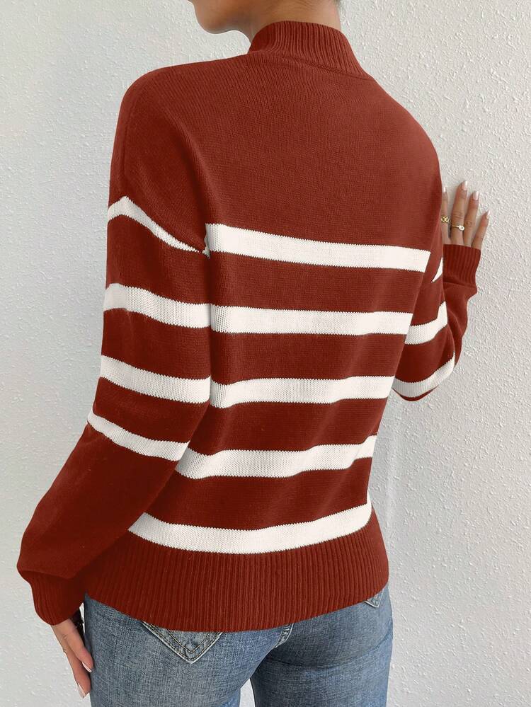 Striped Colorblock Mock Neck Crop Knit Pullover Fall Winter Sweater