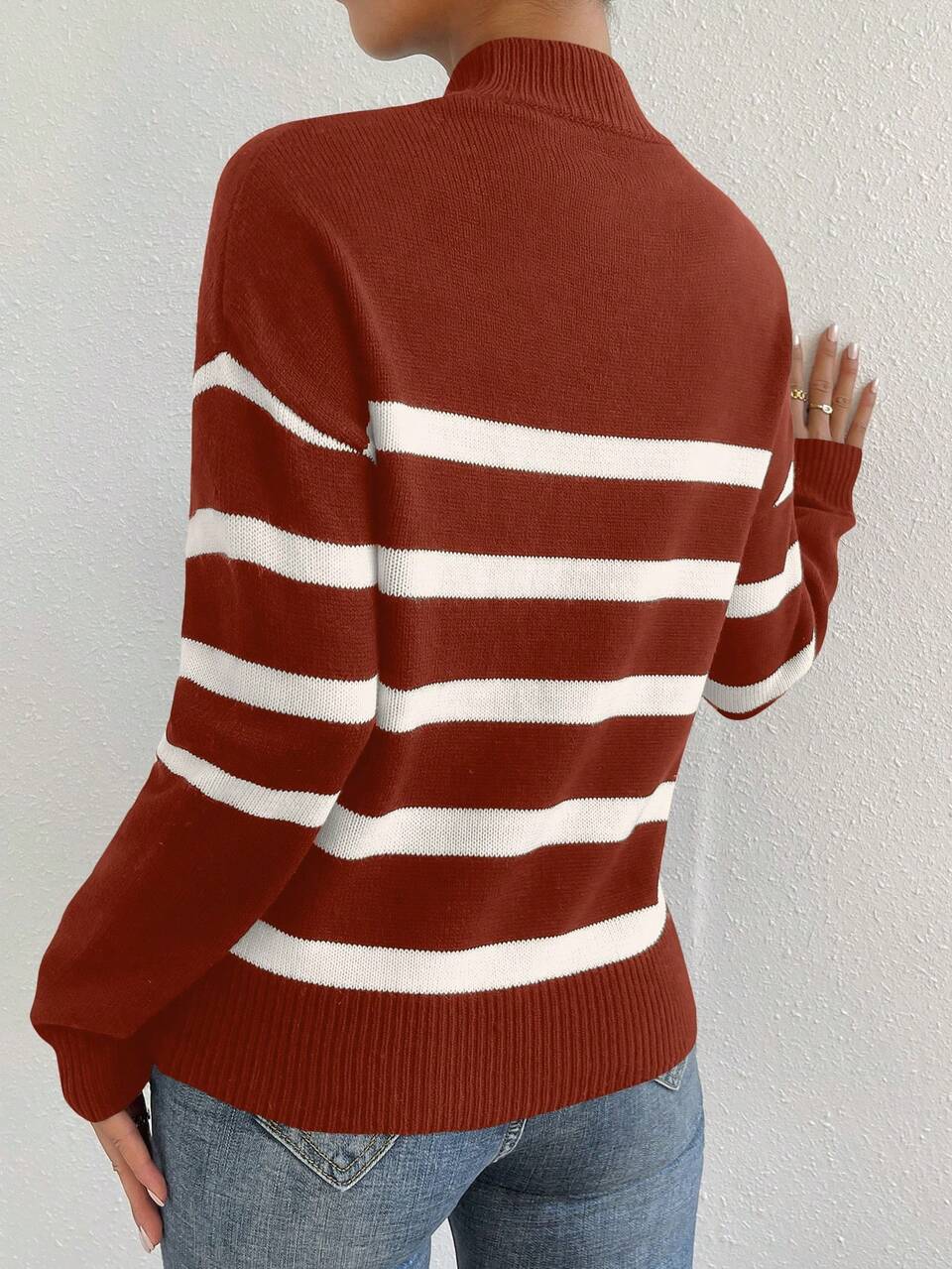 Striped Colorblock Mock Neck Crop Knit Pullover Fall Winter Sweater