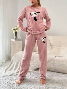 SHEIN Cottnline Panda Embroidery Flannel PJ Set - Coral Pink - View 3