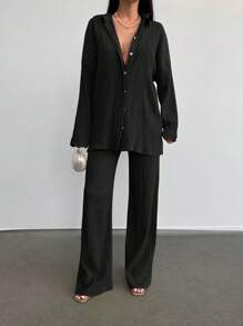 SHEIN Cottnline Solid Button Front Shirt & Wide Leg Pants - Black - View 4