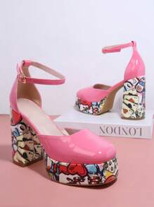 Closed Toe Ankle Strap Block Heel Pumps - Pink - View 2