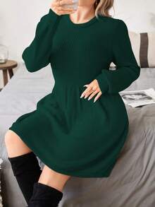 SHEIN Unity Plus Solid Ribbed Knit Sweater Dress Without Belt - Dark Green - View 4