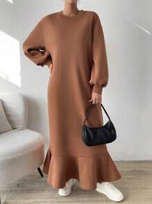 SHEIN Essnce Chất rắn Xù Hoa Sen Lót nhiệt Đầm nỉ - màu nâu - Xem 3