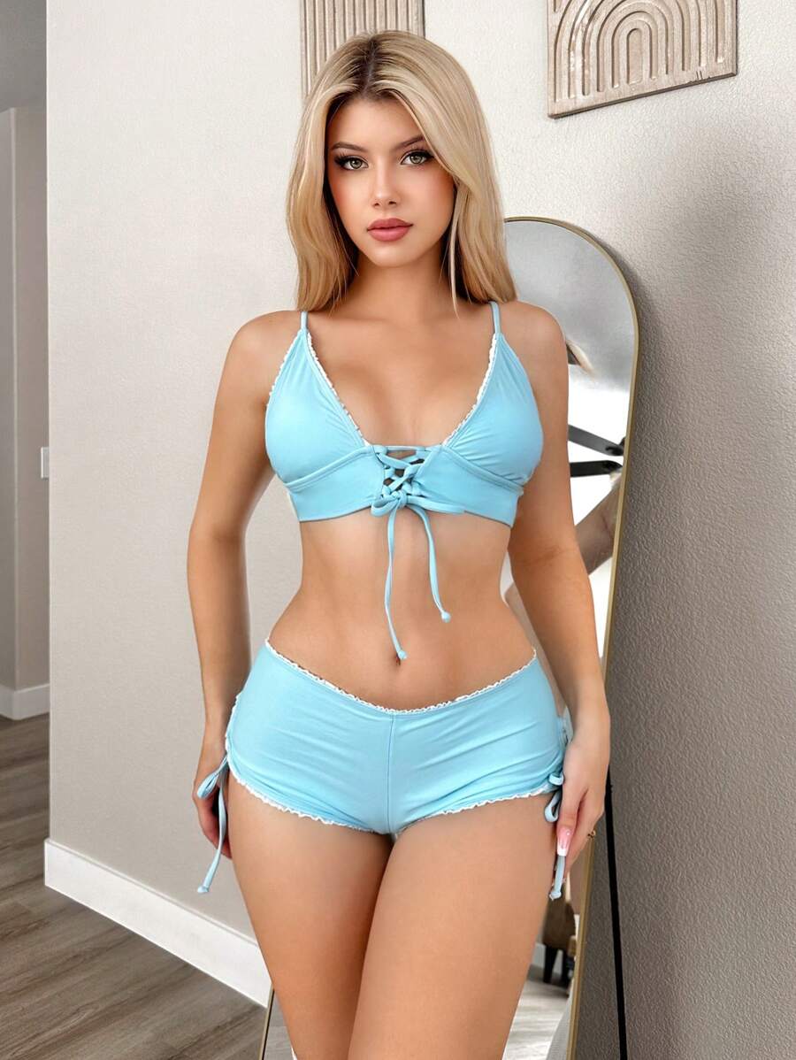 Swim Mod Women's Patchwork Trim Strappy Bikini Set Summer Beach - Baby Blue - View 1