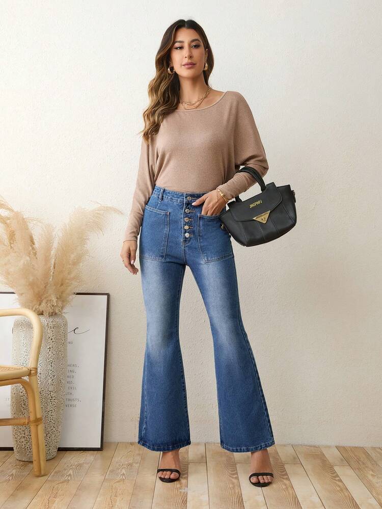 High Waist Button Fly Flare Leg Jeans