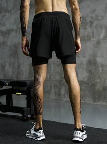 Manfinity Sport Corelite 男士字母图案二合一运动短裤，带手机口袋，黑色运动短裤 - 黑色 - 查看 2