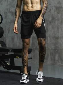 Manfinity Sport Corelite 男士字母图案二合一运动短裤，带手机口袋，黑色运动短裤 - 黑色 - 查看 5