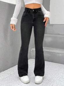 SHEIN PETITE Chi tiết thêu Quần ống loe - Xám - Xem 2