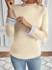 SHEIN LUNE Solid Mock Neck Thermal Lined Tee - Apricot - View 5