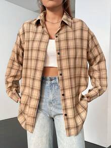 SHEIN Unity Áo sơ mi kẻ caro tay dài cài nút phía trước dáng rộng thoải mái đa năng - Màu Khaki - Xem 5