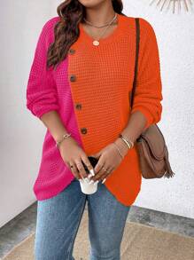 Calvaya Áo len chui đầu tay raglan phối hai tông màu, vạt áo bất đối xứng, chất liệu dệt kim, thích hợp cho mùa thu đông. - màu nâu - Xem 4