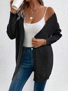 Solid Drop Shoulder Cardigan - Black - View 6