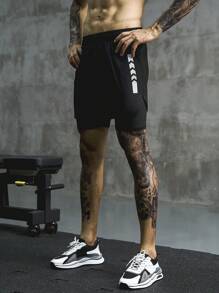 Manfinity Sport Corelite 男士字母图案二合一运动短裤，带手机口袋，黑色运动短裤 - 黑色 - 查看 4