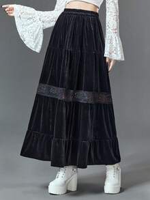 ROMWE Goth Contrast Lace Ruffle Hem Skirt - Black - View 6