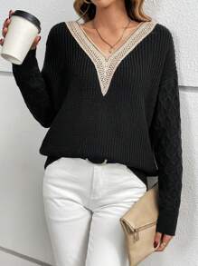 SHEIN LUNE Guipure Ren tương phản Thả vai Áo len - màu đen - Xem 3