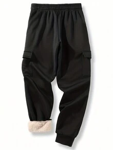 Men Flap Pocket Side Drawstring Waist Thermal Sweatpants - Black - View 2