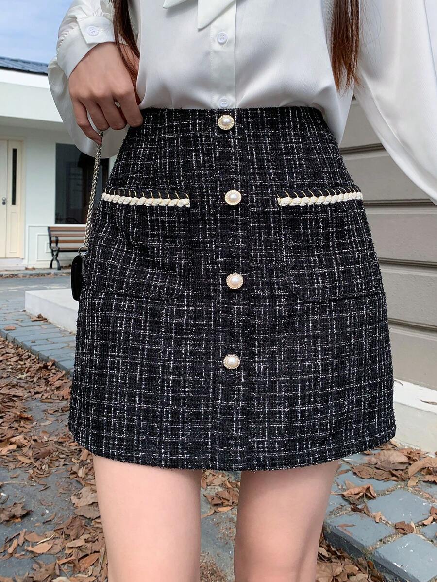 Dazy Star Button Front Tweed Skirt Fall,Winter Plaid - Black - View 1