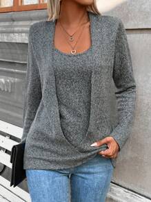 SHEIN LUNE 混色针织套头衫秋冬毛衣 - 灰色 - 查看 5