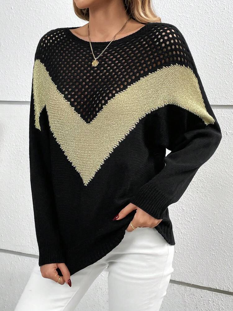 Colorblock Chevron Pattern Pointelle Knit Drop Shoulder Sweater