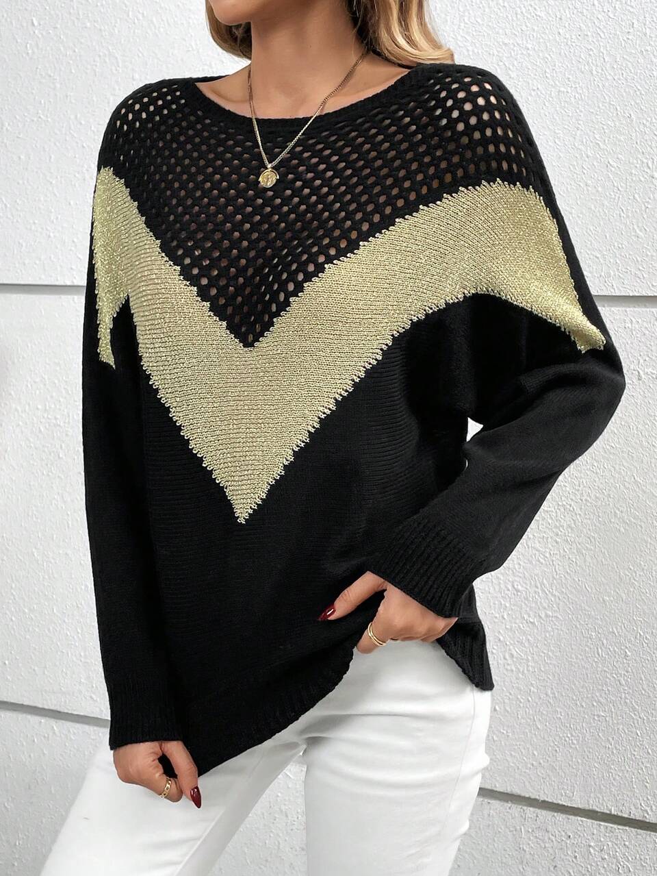 Colorblock Chevron Pattern Pointelle Knit Drop Shoulder Sweater